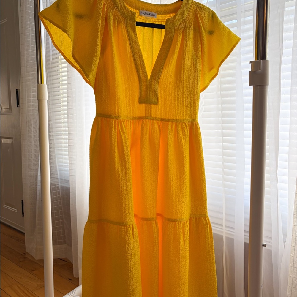 Calvin Klein Bright Yellow Textured V-Neck Dress